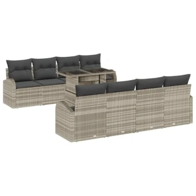 Afbeelding van vidaXL 9 delige Tuin Sofa Set met Kussens Lichtgrijs Poly Rattan, 2 zits Opslag &amp; Rattan