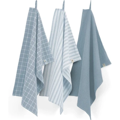 Afbeelding van Keukenset Dry w. Cubes Uni, Stripes &amp; Blocks Jeans Blauw 3x 50x70
