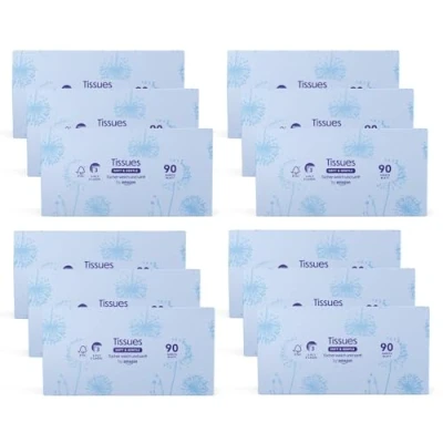 Afbeelding van Amazon merk: Presto! 3 laags papieren zakdoekjes dozen, verpakking van 12 (12 x 90 doekjes)
