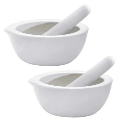 Afbeelding van Mini stamper en vijzel set x2 kleine compacte 7cm mortier een keukengereedschap voor het malen van specerijen kruiden met gemak Gemaakt traditioneel porselein (TWIN PACK)