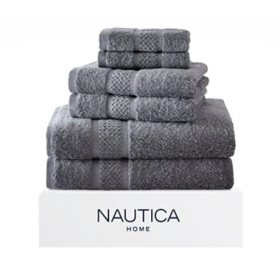 Afbeelding van Nautica 6 delige badhanddoeken, absorberende en lichtbestendige katoenen handdoekenset, modieuze badkamerdecoratie (oceaangrijs, delig)