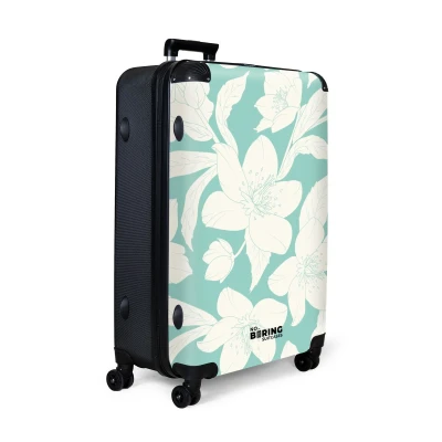 Afbeelding van NoBoringSuitcases.com® Koffer groot Reiskoffer lichtgewicht Turquoise met witte bloemen Rolkoffer 4 wielen Grote trolley XL 98 liter bagage