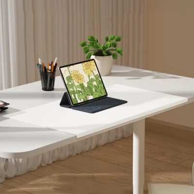 Afbeelding van Bureau onderlegger, laptop, bureau, schrijfmat, bureaumat, antislip PU lederen toetsenbordmat met randbeschermer voor kantoor, bureaubeschermer, 150 x 60 cm, wit