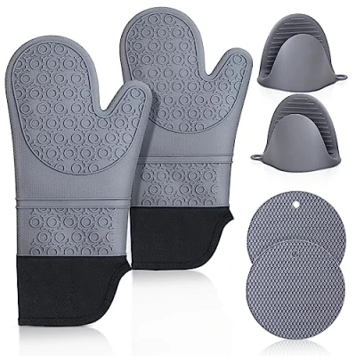 Afbeelding van Ovenwanten, pannenlappen siliconen set: kookhandschoenen, hittebestendig, extra lang, antislip ovenhandschoenen, keukenhandschoenen voor koken, bakken, grillen, mannen en vrouwen