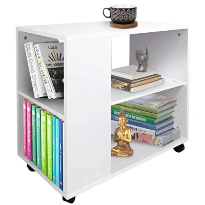Afbeelding van Bakaji Lage boekenplank met 5 planken wieltjes van melaminehout, zijtafel, modern design voor woonkamer, huis of kantoor (wit)