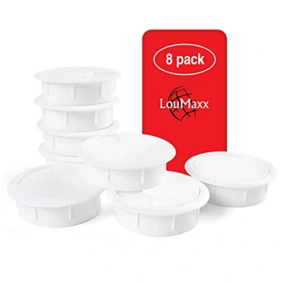 Afbeelding van LouMaxx kabeldoorvoer voor bureau, wit, set van 8 kabeldoorvoeringen 60 mm diameter, stevig kunststof, precies passende draadgatafdekking met stabiele tafelkabeldoorvoer
