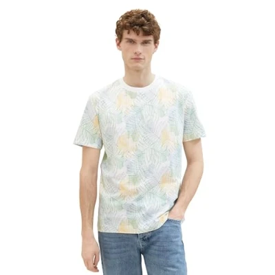 Afbeelding van TOM Tailor MIT Allover Tshirt print, Heren, Maat: Small, White multicolor leaf design