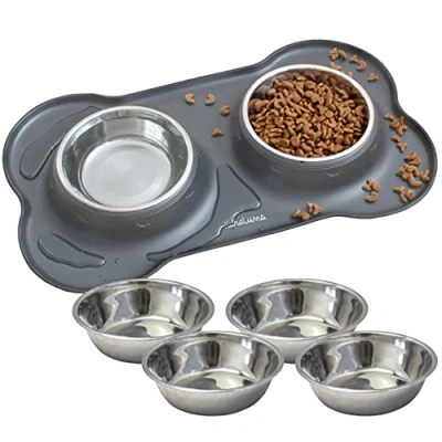 Afbeelding van KaraLuna Siliconen Naponderzetter met roestvrijstalen voerbak, voor katten en honden, kattenvoerbak, kattenbak, hondenbak, bak, onderlegger, 400 ml, grijs