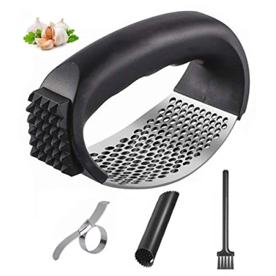 Afbeelding van Emwel 4 stuks gember knoflook pers rocker gratis met oranje schiller roestvrij staal molen professionele crusher en set