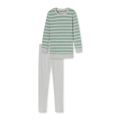 Afbeelding van Schiesser Damespyjama, lang, badstof, warm, behaaglijk, feel good nachtkleding, pyjamaset, Groen mel._181967, 40