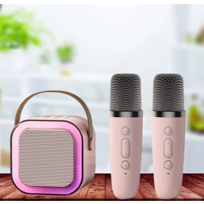 Afbeelding van Karaoke Set Met 2 Microfoons Draagbare Bluetooth USB LED Luidspreker Roze KaraokeSet Muziekspeler
