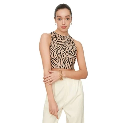 Afbeelding van Trendyol Zwarte Cropped Gebreide Blouse Met Halterhals En Dierenprint Halternek Twoss22Bz0879