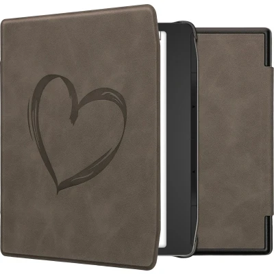 Afbeelding van kwmobile e reader hoesje geschikt voor Pocketbook Era / Color hoes Ereader flip case met standaard Kunstleren cover Brushed Hart design in grijs