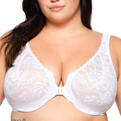 Afbeelding van Glamorise Vrouwen Plus Size Wonderwire Kant Front Sluiting Onderdraad #9245, Wit, 70F