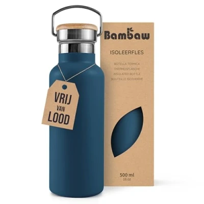 Afbeelding van Bambaw® 500ml RVS Thermosfles Dubbelwandig, Milieuvriendelijk, Lekvrijen, loodvrij en Plasticvrij Geïsoleerde Fles met Bamboe Deksel voor Warme Koude Dranken Ideaal Reizen, Werk, Yoga, Wandelen Dagelijks Gebruik blauw