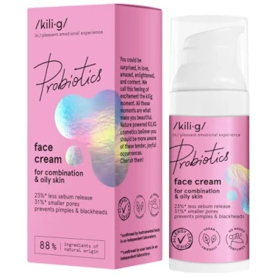 Afbeelding van KILIG PROBIOTICS Gezichtscrème voor gemengde en vette huid, dagcrème met rustgevende eigenschappen, bestrijdt acne, verzorgende antioxidant, hydrateert de huid intensief, 50 ml