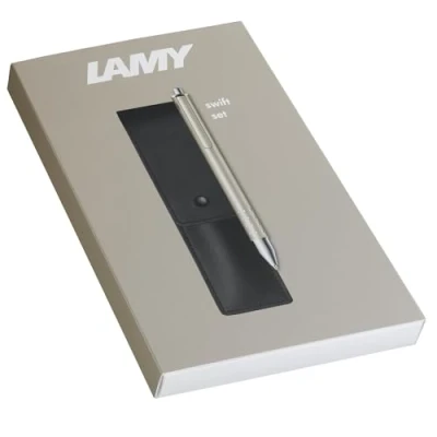 Afbeelding van Lamy swift mat black rollerball gift set met vloeibaar schrijfgevoel behuizing van volledig metaal in lijnbreedte B incl. rollervulling M 66 blauw &amp; echt lederen etui