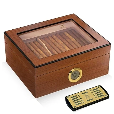 Afbeelding van Slege Sigarenbox, Duitse sigarenkast, Digitale hygrometer, Sigarendoos,INOX Sigarenbevochtiger, Verdeler,Cubaanse Sigarenaccessoires,Cadeauvoor mannen (bruin)