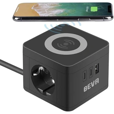 Afbeelding van BEVA kubusvormige stekkerdoos, 2 voudig + 3 USB openingen, met een draadloze oplaadfunctie, meervoudig stopcontact, desktop oplaadstation, telefoonlader voor op reis, thuis en kantoor, zwart