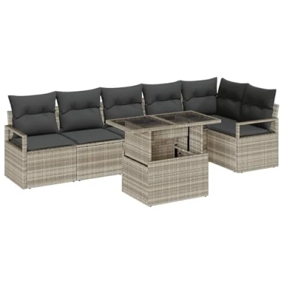 Afbeelding van vidaXL 7 Delige Tuin Sofa Set met Kussens Lichtgrijs Poly Rattan