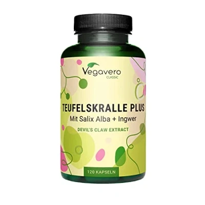 Afbeelding van Vegavero DUIVELSKLAUW capsules 550 mg Met wilgenschors (Salix alba) &amp; gember 2% harpagosiden uit Harpagophytum procumbens Veganistisch en zonder toevoegingen 120