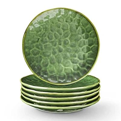 Afbeelding van vicrays Keramische dinerborden set, 25 cm, set van 6, rond, magnetron, oven, vaatwasmachinebestendig, krasbestendig, porselein gegolfd geschikt voor biefstuk, pasta, pizza, thuis, feest, groen