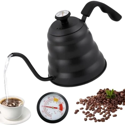 Afbeelding van zwanenhals waterkoker 1200 ml roestvrij staal waterketel koffiepot met thermometer voor alle warmtebronnen, duurzaam, eenvoudig te reinigen, staal, zwart