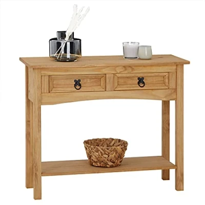 Afbeelding van CARO Möbel Salsa Consoletafel in Mexico stijl, bureau, bijzettafel, massief grenen, gebeitst, gewaxt met 2 laden, 1 legplank