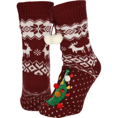 Afbeelding van Kerst huissokken dames Met pompons Bordeaux One Size kerstsokken antislip