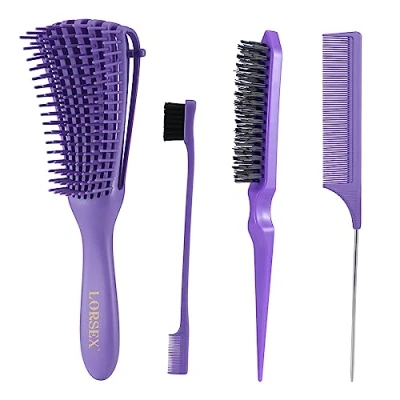 Afbeelding van LORSEX Haarborstel, ontwarringsborstel voor natuurlijk haar afrohaar, 3a tot 4c, kinky, golvend, krullend haar, met 3 stuks toupier borstelset, dubbele randen borstel en kam (paars)