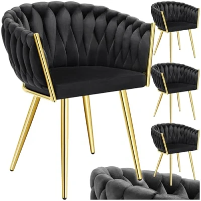 Afbeelding van tectake® Set van 4 Fluwelen eetkamerstoelen Kuipstoel met armleuning in knooplook eetkamerstoel Moderne voor woonkamer en eetkamer Keukenstoel Kaptafelstoel Slaapkamerstoel Diverse kleuren Zwart/Goud