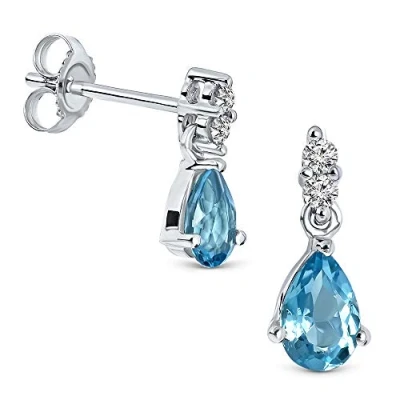 Afbeelding van Miore hangende oorbellen uit 9 karaat 375/1000 witgoud met peervormige blauwe topazen en briljant geslepen diamant 0.08 caraat