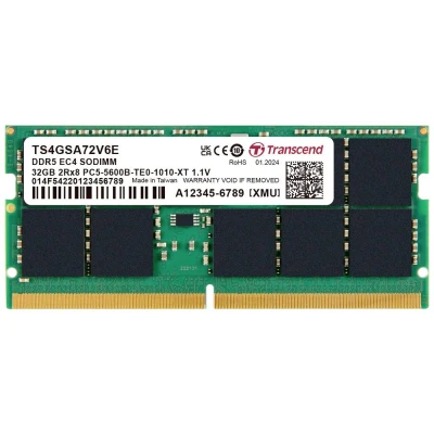 Afbeelding van Transcend TS4GSA72V6E Werkgeheugenmodule voor PC Retail DDR5 32 GB 1 x ECC 5600 MHz 262 pins SO DIMM