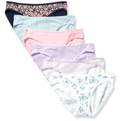 Afbeelding van Amazon Essentials Women&#039;s Katoenen onderbroek in bikinimodel (verkrijgbaar grote maten), Pack of 6, Blauw/Lila/Roze/Streep/Wit Deftig bloemenpatroon/Zwart Bloemig, L