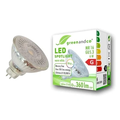 Afbeelding van greenandco® CRI97+ 2700K 110 LED spot vervangt 25W GU5.3 MR16, 6W 360lm warm wit 12V AC/DC, flikkervrij, niet dimbaar