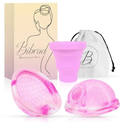 Afbeelding van Bibrad Menstruatieschijf met handvat en grotere opslagcapaciteit, 2 menstruatieschijven, maat L, sterilisator, zak handleiding (mogelijk niet beschikbaar in het Nederlands). Alternatief voor