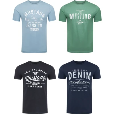 Afbeelding van MUSTANG Heren T Shirt 4 pack frontprint O hals ronde korte mouwen Regular Tee 100% katoen Zwart Wit Grijs Blauw Groen, Kleurmix (P21), M