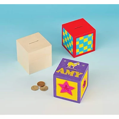 Afbeelding van Baker Ross ET126 knutselset, spaarpot van hout, kubus om te knutselen en beschilderen voor kinderen, als prijs cadeautje de kinderverjaardag, 2 stuks, Houtkleuren, 8.5cm