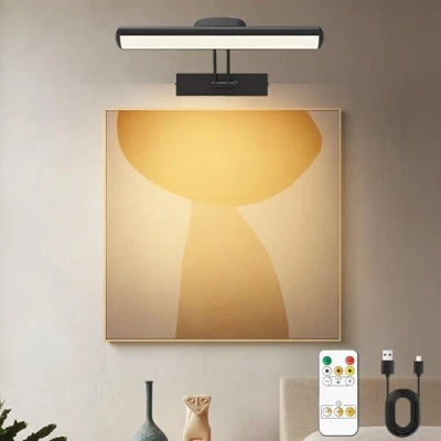 Afbeelding van DESGNT Wandlamp met afstandsbediening, draadloze led paneelverlichting, draaibare lichtkop timer, beeldlamp 180 graden arm voor fresco en darts (zwart 32 cm)