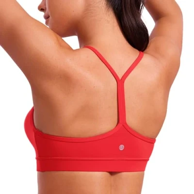 Afbeelding van CRZ Yoga Vrouwen Low Impact Strappy Gewatteerde Sport BH Y Racer Back Spaghetti Riemen Tops Diep rood M