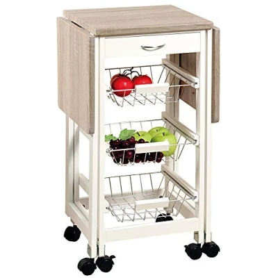 Afbeelding van XXL FSC Houten Keukenwagen met 2 Uitklapbare Zij bladen voor Mega veel ruimte Keuken Trolley EXTRA Groot werkblad Voorzien van 3 Uitschuifbare Manden, 1 Lade, en delig Afm. 97 x 37 76,5 Cm. Kleur: WIT Sonomo eiken Blad