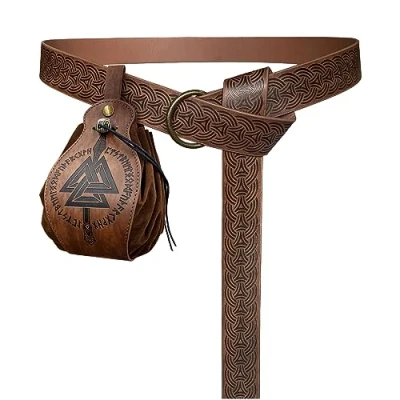 Afbeelding van HiiFeuer Middeleeuwse O ring riem met reliëf en draagbare Gungnir koordbuidel, Retro Renaissance nepleren tas set voor LARP (Bruin B)