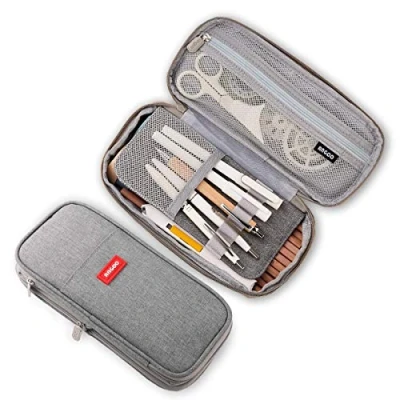 Afbeelding van iSuperb Potloodhouders Pencil Holder Etui Studenten Potlood Opbergtas Canvas Pennenbak Super Grote Capaciteit Pennenetui Organizer Briefpapier Potloodtassen (Light grey)
