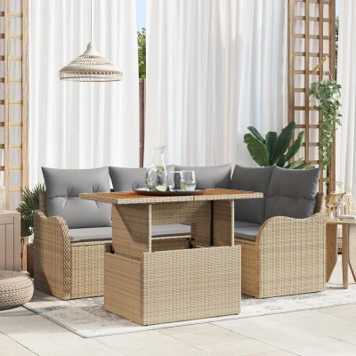 Afbeelding van vidaXL 5 delige Tuin Sofa Set met Kussens Beige Poly Rattan Acacia, 2 Zits