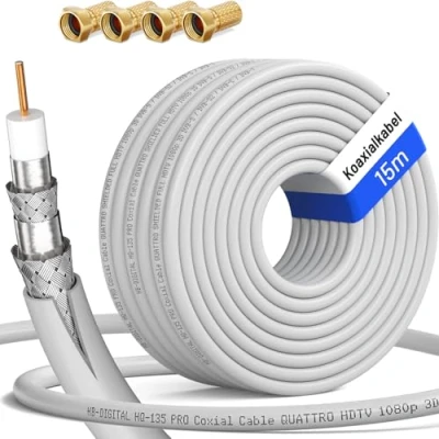 Afbeelding van HB DIGITAL 15m Coaxkabel HQ 135 Antennekabel 135dB SAT kabel 8K 4K UHD 4 Voudig Afgeschermd voor DVB S / S2 C C2 T T2 DAB+ Radio BK Systemen + F Stekker GRATIS