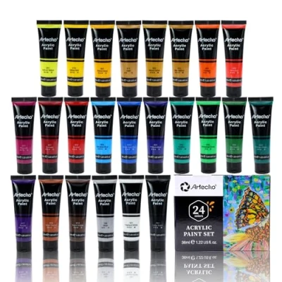 Afbeelding van Artecho acrylverfset, 24 x 36 ml, waterdicht en lichtecht, sneldrogend, ideaal voor canvas, papier stoffen, cadeaus Kerstmis andere feestdagen