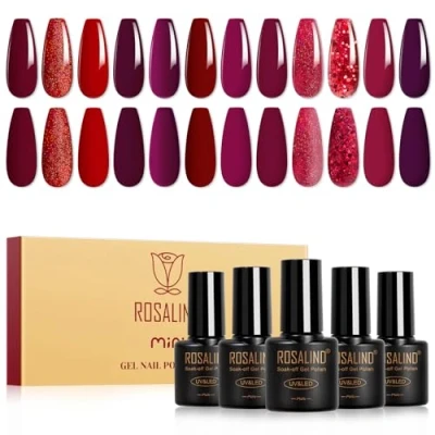 Afbeelding van ROSALIND Uv Nagellakset, 12 Kleuren Gelnagellakset Rood Bordeaux Dieprood Sprankelend Mini Kleurgel