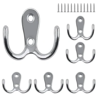 Afbeelding van NBFBA Kledinghaken, 6 stuks, dubbele wandhaken, zilver, metaal, retro wandkledinghaken met 12 schroeven voor badkamers, slaapkamers, keuken
