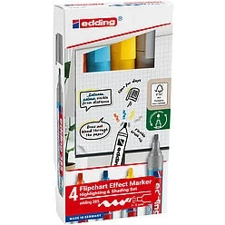Afbeelding van edding 385 flipchart effect marker set 4 stuks geel, grijs, lichtblauw, oranje navulbaar flexibele penseelpunt intense kleuren in bewaardoosje