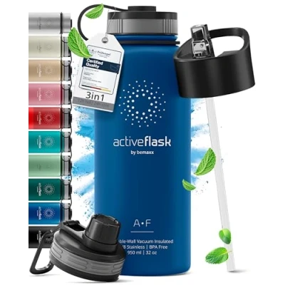Afbeelding van Drinkfles, roestvrij staal 950ml, Active Flask + rietje (3 drinkdoppen), BPA vrij, lekvrij, geschikt voor koolzuurhoudende dran waterfles fiets thermosfles geïsoleerde isolatiefles sport kinderen thee